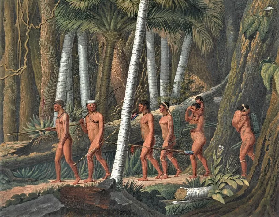 Movimento dos Puri na mata retratado por Maximilien Alexander Philipp Wied-Neuwied. Acervo BN.